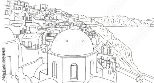 Cliffside architecture overlooking the sea with a prominent dome church