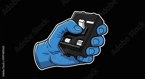 Blue gloved hand manipulates a black device with white switches