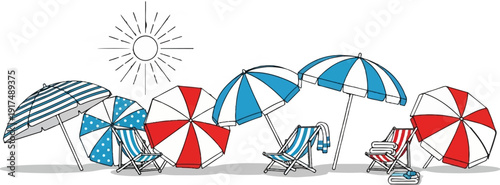 Cheerful beach scene with striped and dotted umbrellas, chairs, towels, and sun