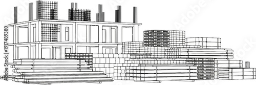 Construction site with unfinished building and stacks of building materials