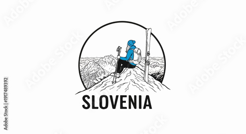 Climber sits on mountain peak with skis and poles, overlooking snowy peaks