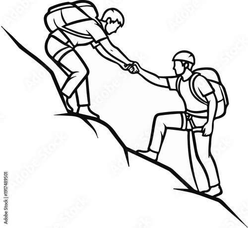 Climbers assisting each other up a steep mountain slope