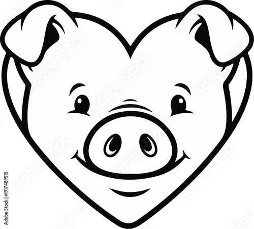 Cute pig face in heart shape, black and white cartoon drawing