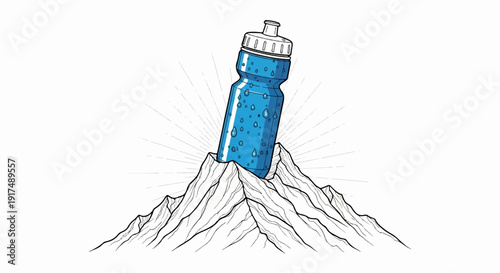 Blue water bottle with droplets on mountaintop with sunburst