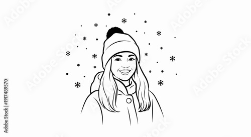 Black and white line art portrait of a smiling girl in a winter hat