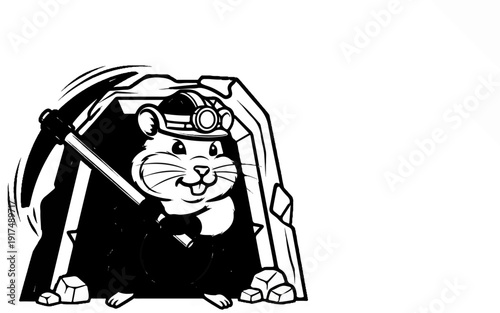 Cheerful rodent in a mine wearing a helmet and holding a pickaxe