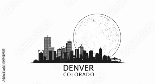 Black silhouette of a city skyline against a large, detailed moon