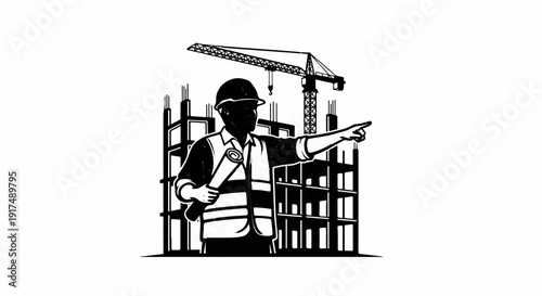 Construction worker with blueprint points to building site with crane