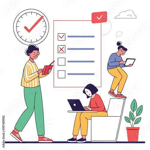 People working together with checklists and laptops