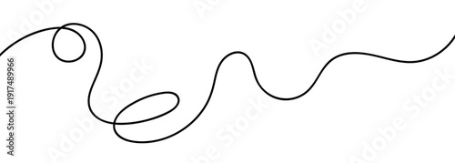 Continuous black squiggle line cable creating abstract wavy vector illustration pattern on white background. Curvy cable thread flowing horizontally with organic squiggle line loops and tangled curve.