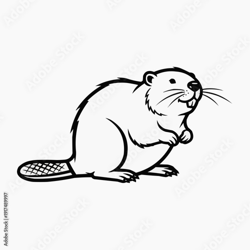 A stylized black and white illustration of a beaver sitting on its hind legs