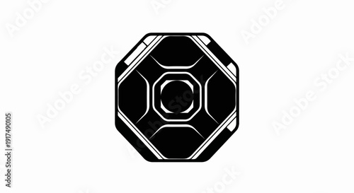Black geometric octagon emblem with intricate white lines and central circle
