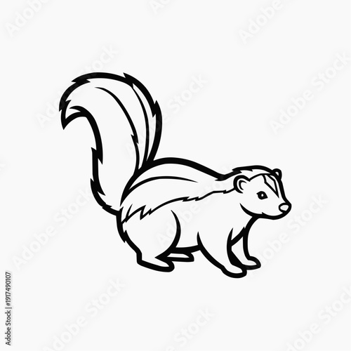 A stylized black and white illustration of a striped skunk standing upright