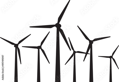 Wind turbines generating clean energy on a white background