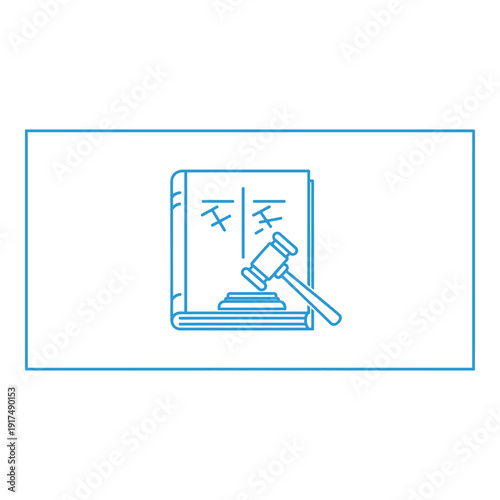 Simple blue line icon of a gavel on a book with a rectangle frame icon