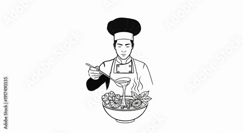 Chef preparing a steaming bowl of soup with fresh ingredients