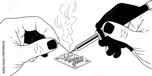 Close up of hands soldering electronic components on a circuit board