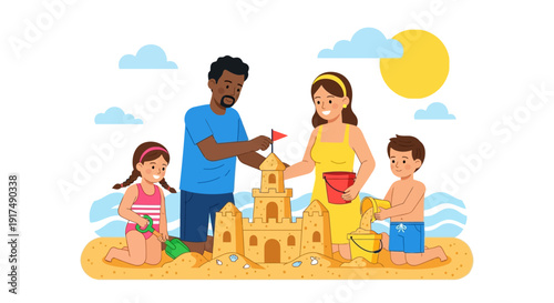 Family building a sandcastle on the beach during a sunny summer day