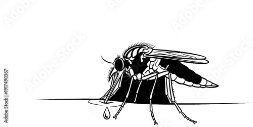 Close-up black and white illustration of a mosquito biting skin with a blood droplet
