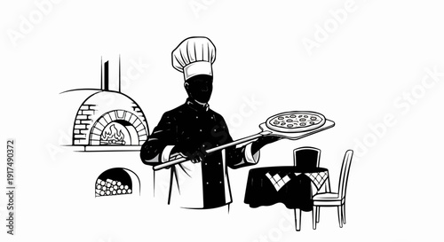 Chef presents a freshly baked pizza from a brick oven to a table