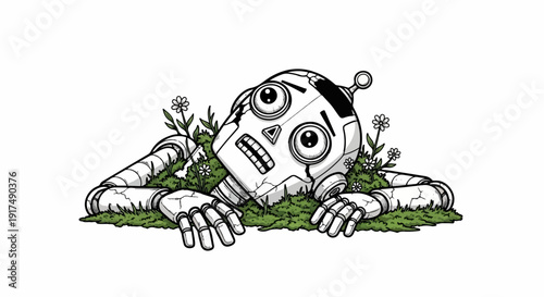 Damaged robot emerging from the grass with daisies