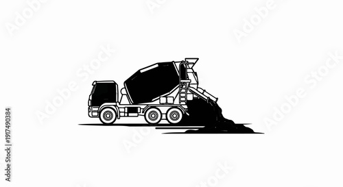 Black and white line drawing of a cement mixer truck pouring material