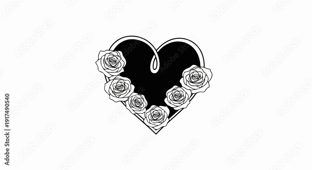 Fototapeta premium Black heart outlined with white roses on a white background