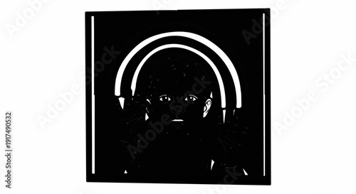 Close-up cartoon illustration of a child's face with bright eyes and raised hands