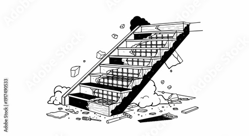 Damaged staircase with debris and tools, implying reconstruction