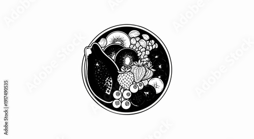 Close-up black and white sketch of a vibrant fruit bowl overflowing with delicious ingredients