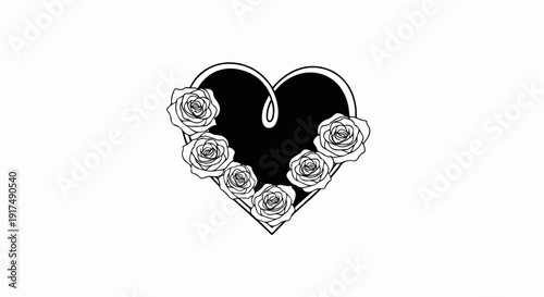 Black heart outlined with white roses on a white background
