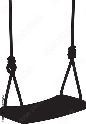 Simple black swing hanging from ropes on white background
