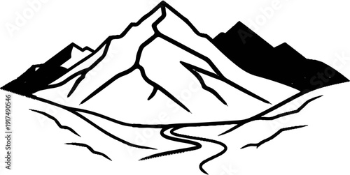 Bold black lines depict jagged mountain peaks and a winding river