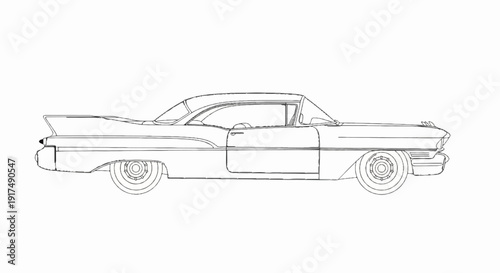 Black and white line drawing of a classic vintage car with fins