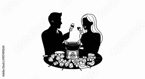 Couple enjoys a romantic fondue with fruits and chocolate