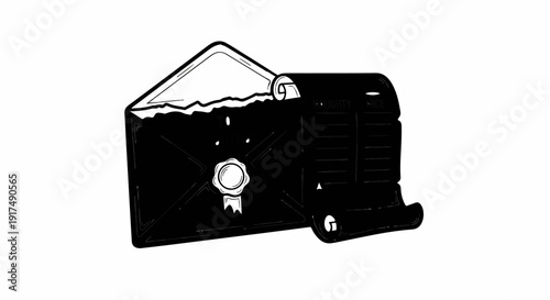 Black and white sketch of an open envelope with scroll list inside