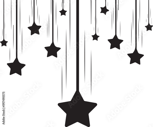 Black stars hanging from strings on white background illustration