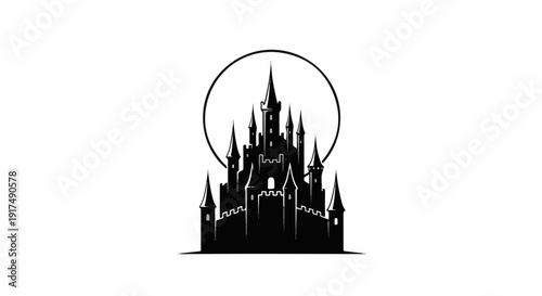 Black silhouette of a gothic castle with spires and a circular halo