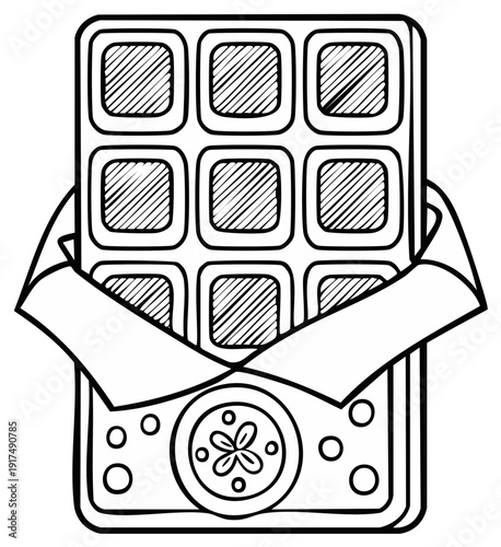 Outline illustration of chocolate bar, unwrapped with visible squares