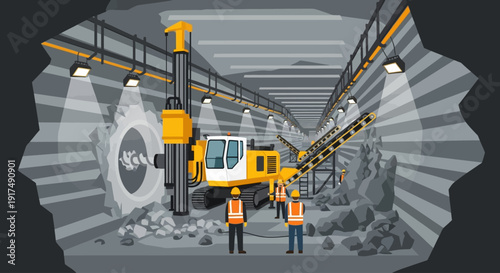 Underground tunnel construction with heavy machinery and workers actively excavating rock in a subterranean environment, depicting the complex process