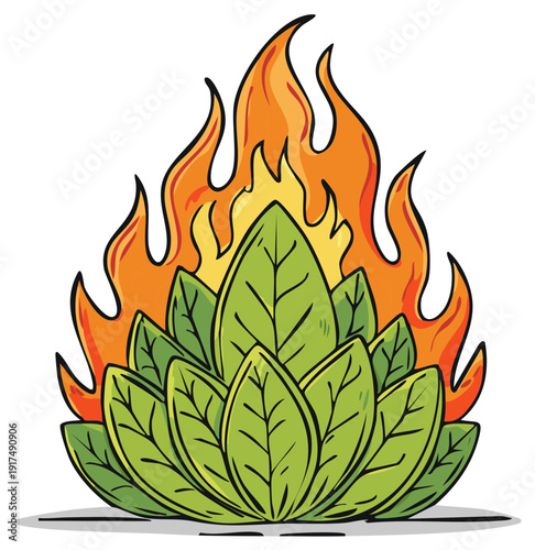 Green Leaves On Fire With Flames Abstract Illustration