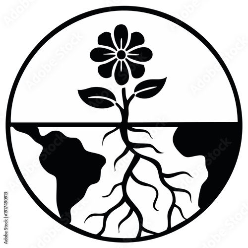 Flower growing from earth roots and globe illustration