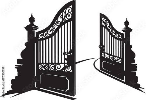 Ornate Open Gate with Decorative Design Elements Standing Alone