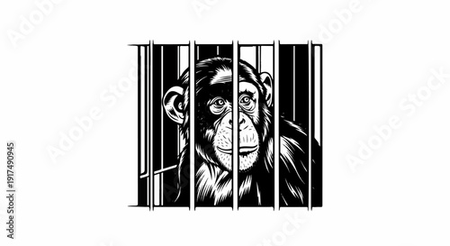 Close-up of a chimpanzee behind cage bars, black and white drawing