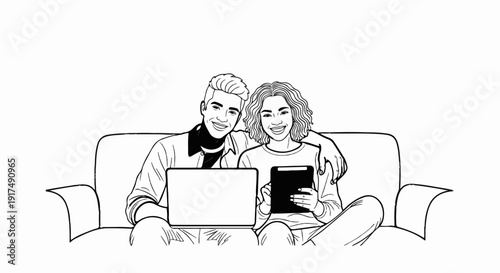 Couple on couch with laptop and tablet