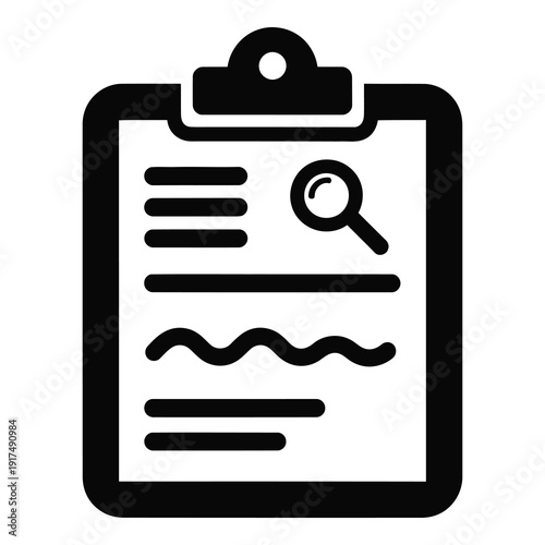 Clipboard with magnifying glass and lines on paper  office supply icon