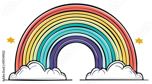 Colorful Rainbow Arched Over Fluffy Clouds with Sparkling Stars a Cheerful Children's Illustration