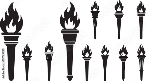 Collection of black torch icons with flames on white