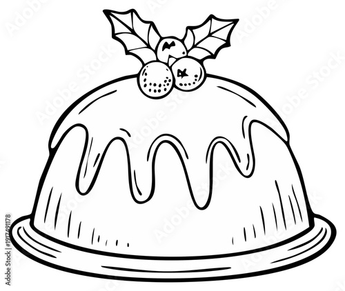 Christmas Pudding With Holly and Berries Hand Drawn Illustration