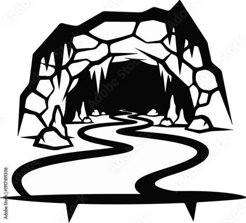 Dark cave entrance with icy stalactites and a winding river